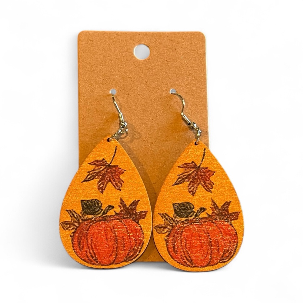 Pumpkin Leaf Wooden Teardrop Fall Lightweight Earrings